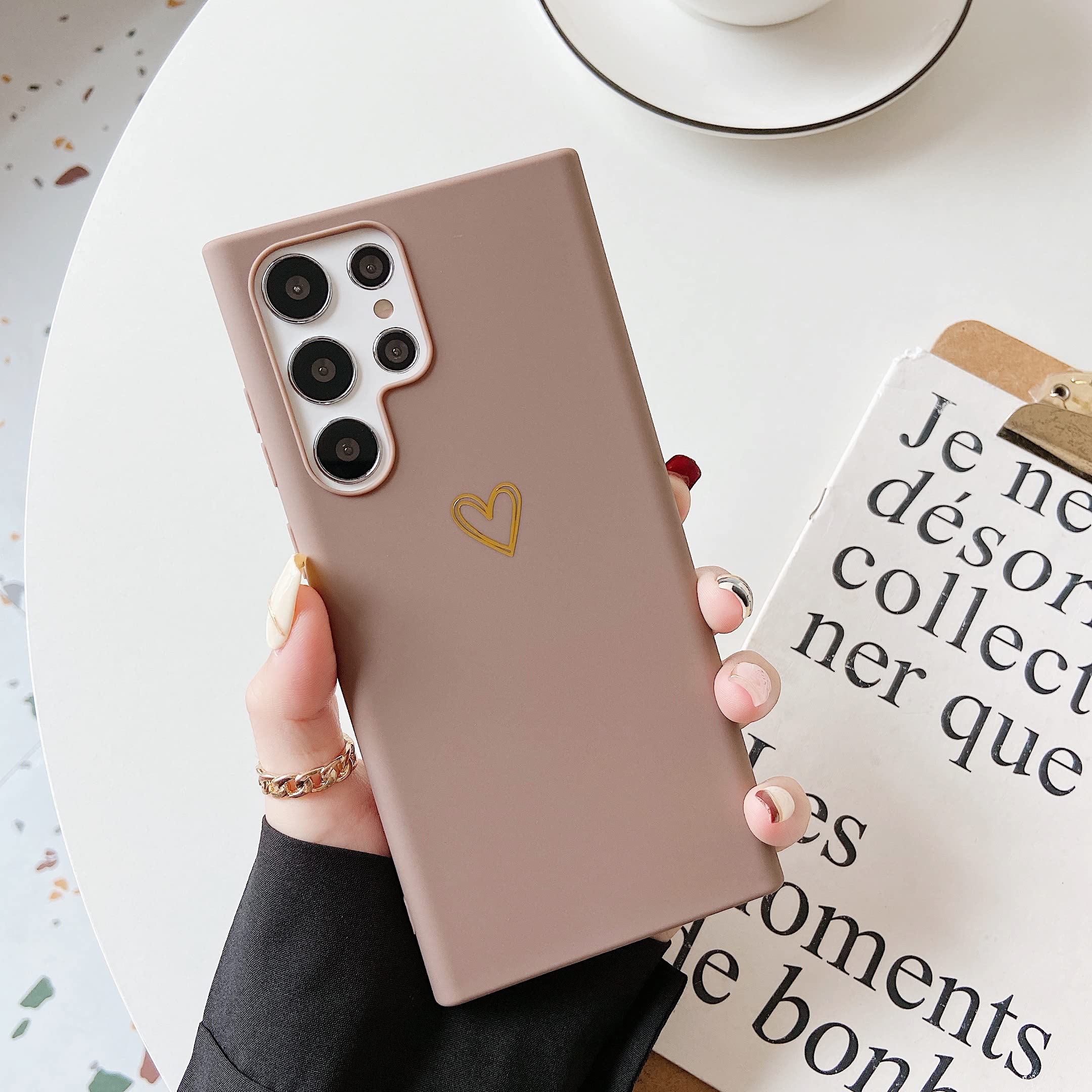 DEFBSC Cute Heart-Shaped Case for Samsung Galaxy S22 Ultra - Soft Liquid Silicone Gel Rubber Phone Cover with Shockproof TPU Protection (Brown) - Perfect for Everyday Use, Valentine's Gifts & Fashion Accessories