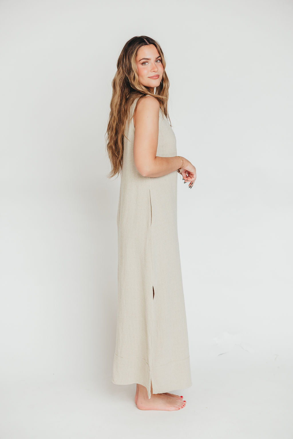 How Sweet It Is Sleeveless Linen Blend Maxi Dress in Sand - Bump Friendly Maternity Wear for Summer Beach Vacations & Casual Outings