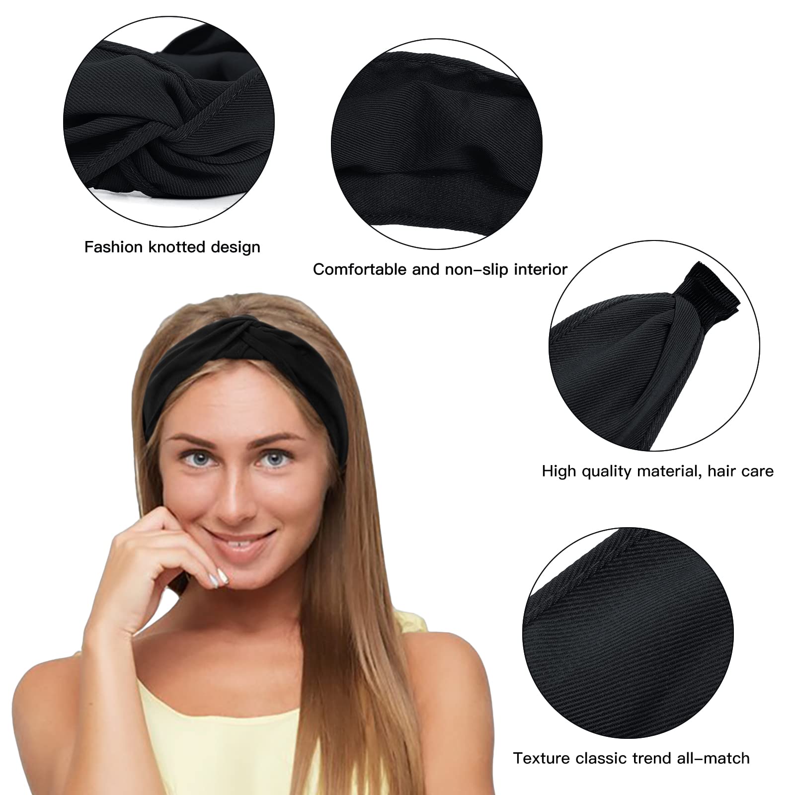 WOVOWOVO Women's Non-Slip Knotted Headbands - Fashion Elastic Yoga Hair Bands for Women & Girls, Wide Twist Headwear (Black) | Perfect for Workouts, Yoga, Running & Daily Hair Accessories