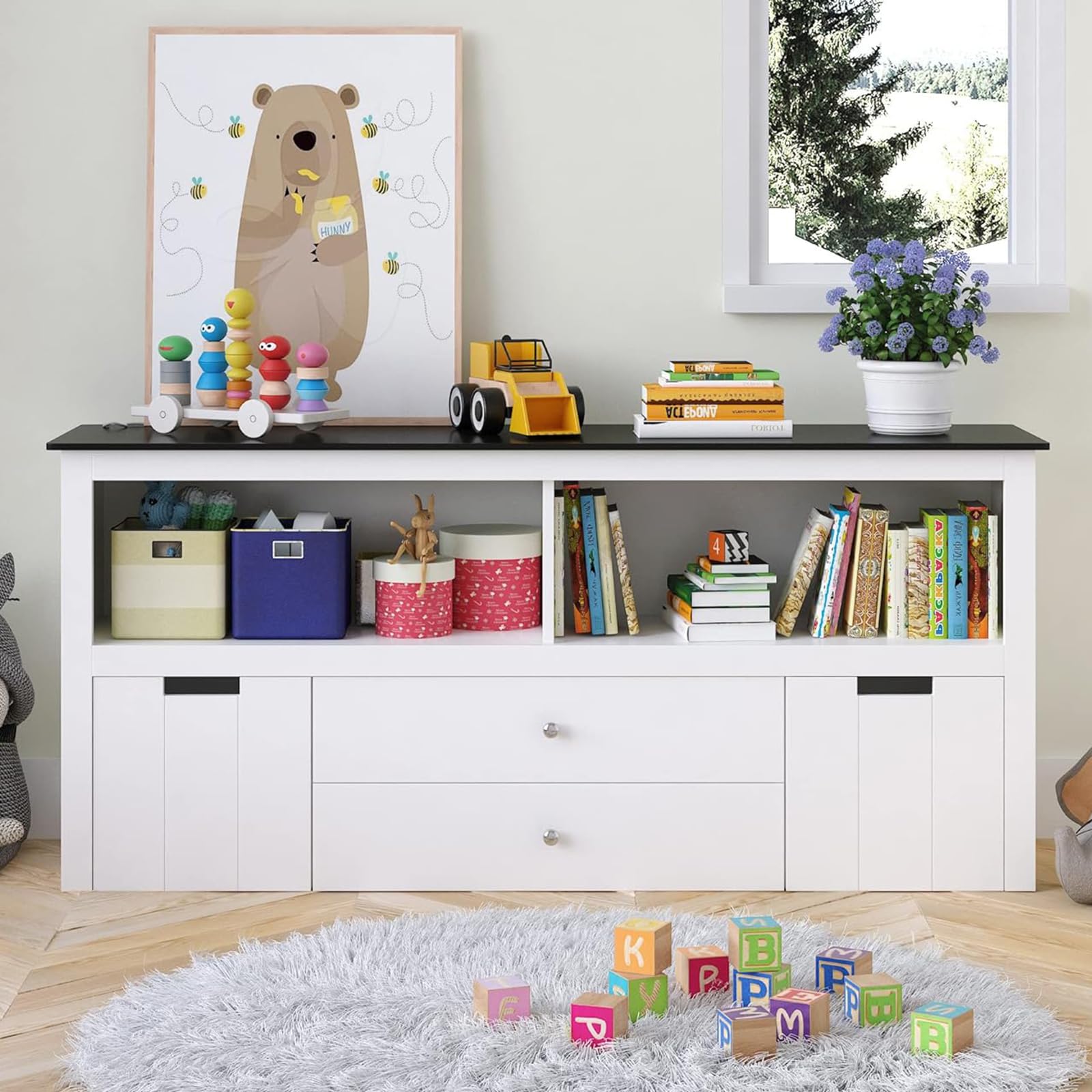 Wooden Toy Storage Organizer with Bins - 53.5