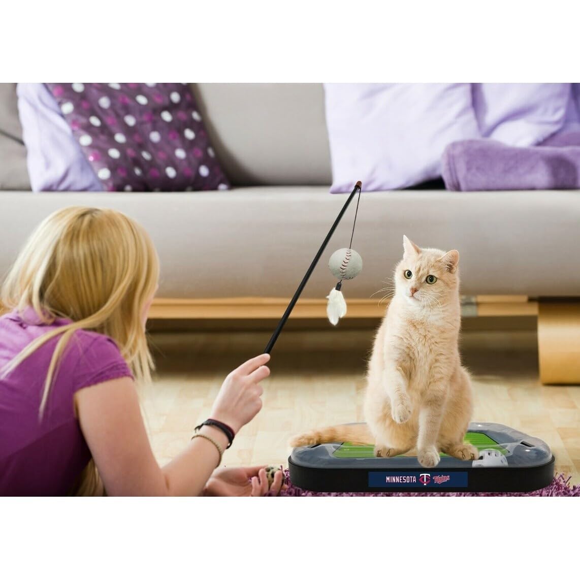 Minnesota Twins Baseball Field Cat Scratching Toy - 5-in-1 Interactive Cat Toy with Scratching Pad, Ball Bell, Catnip Plush Baseball & Feather Wand - Perfect for Playtime, Exercise & Stress Relief for Indoor Cats