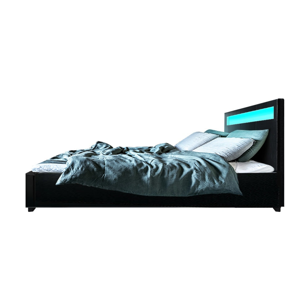 Cole LED Bed Frame with PU Leather Upholstery & Gas Lift Storage - Queen Size, Black - Perfect for Modern Bedrooms & Small Spaces with Hidden Storage