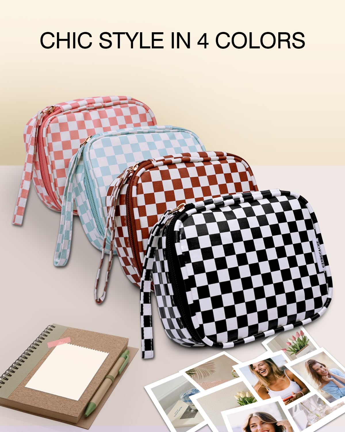 Waterproof Travel Makeup Bag for Women - Small Checkered Cosmetic Organizer with Zipper & Wrist Strap | Durable Toiletry Pouch for Airplane, Gym & Weekend Getaways | Black Packing Cube for Cosmetics & Essentials