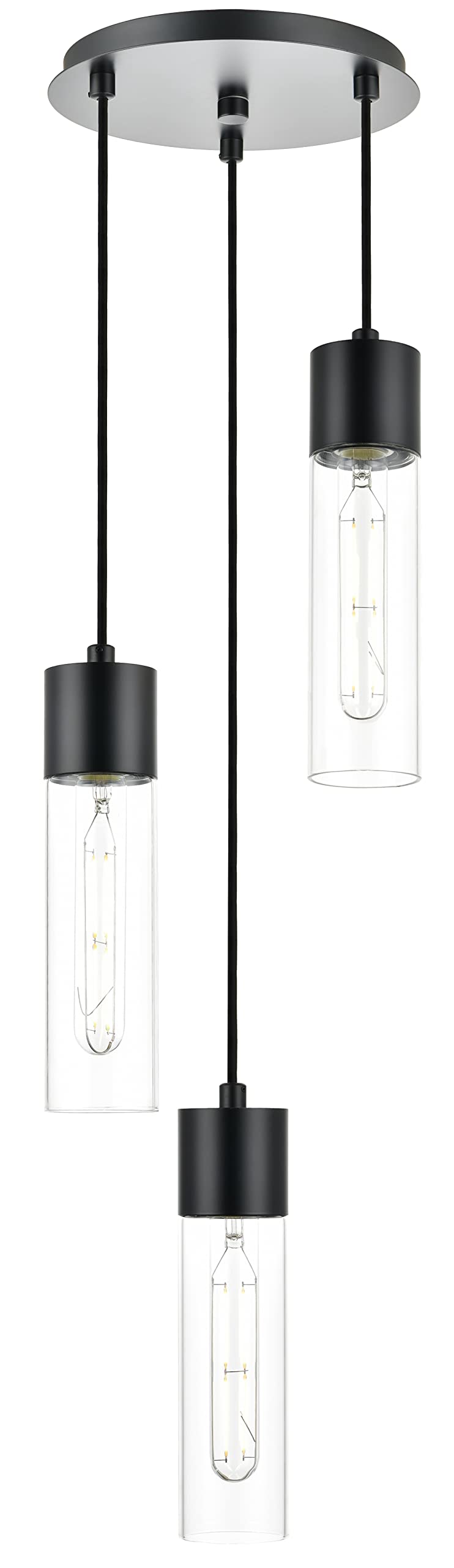 Onesto Lighting Richmond 3-Light Black LED Chandelier with Clear Glass Shade - Modern Ceiling Pendant Light for Kitchen Island, Dining Room, Living Room & Entryway - Perfect for Farmhouse, Industrial & Contemporary Home Decor