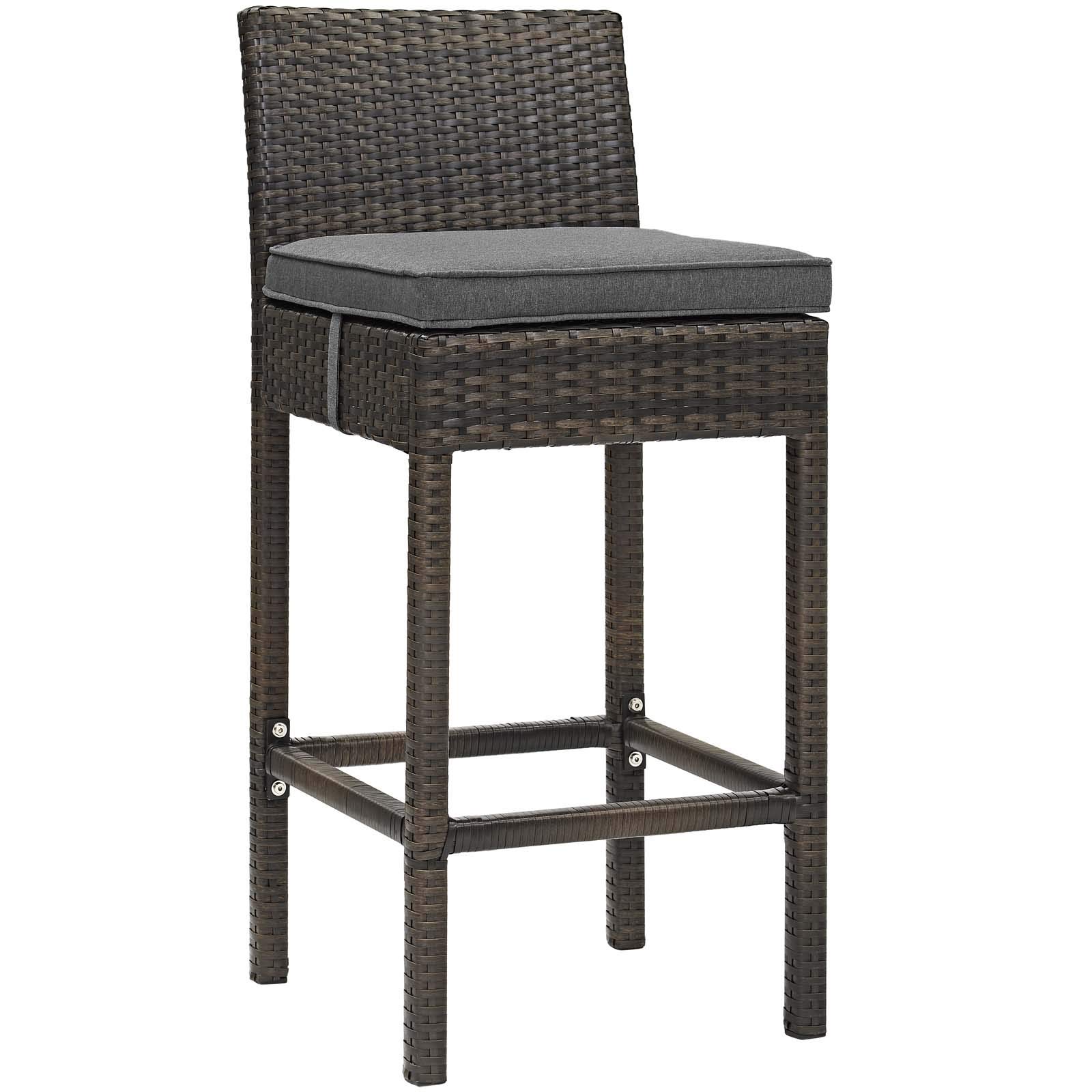 Modway Conduit Wicker Rattan Bar Stool - Outdoor Patio Dining Chair with Comfortable Cushion, Brown Charcoal - Perfect for Backyard, Poolside & Garden Entertaining