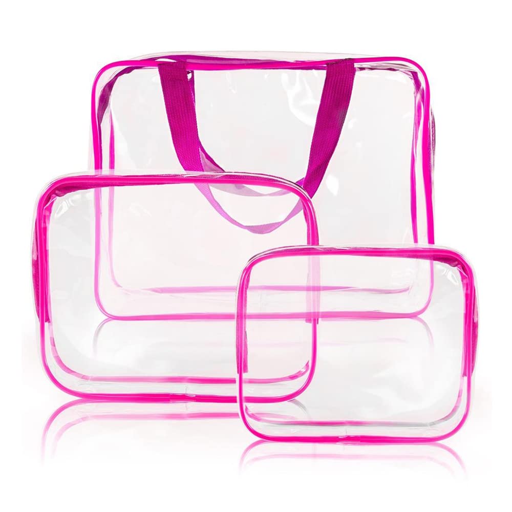 GLAMZA® Clear Travel Toiletries Bag Set of 3 - Waterproof PVC Cosmetic Organizer for Makeup, Shampoo & Toiletries | Perfect Wash Bag for Men & Women Travel | Includes Travel Perfume Atomizer (Pink) - Ideal for Airplane, Camping & Gym Essentials