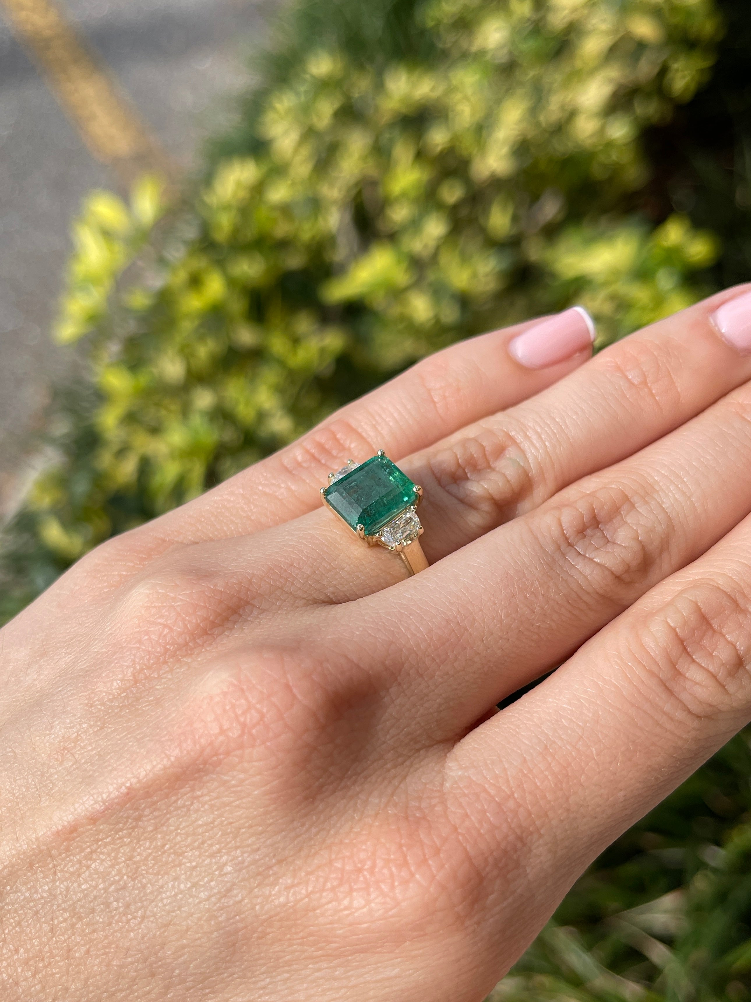 4.88tcw Natural Emerald & Lab-Created Half Moon Diamond 14K Gold Three Stone Ring for Engagement, Wedding, Anniversary & Special Occasions