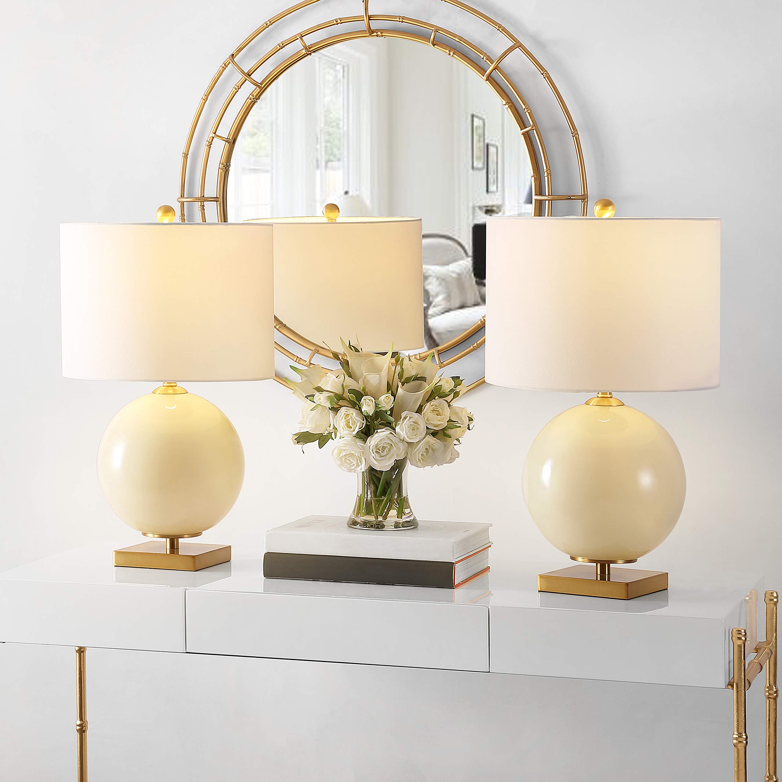 SAFAVIEH Anina 24-inch Cream Glass Table Lamp Set of 2 with LED Bulbs - Modern Bedroom, Living Room, Home Office & Nightstand Lighting for Cozy Ambiance