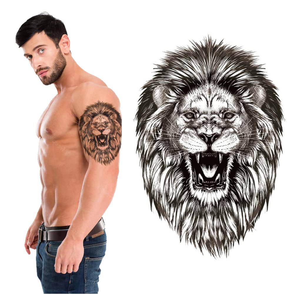 Realistic Lion Face Temporary Tattoo Stickers for Men & Women - Black Angry Lion Design (21x15cm) | Unisex Fake Tattoos for Parties, Halloween & Costume Events