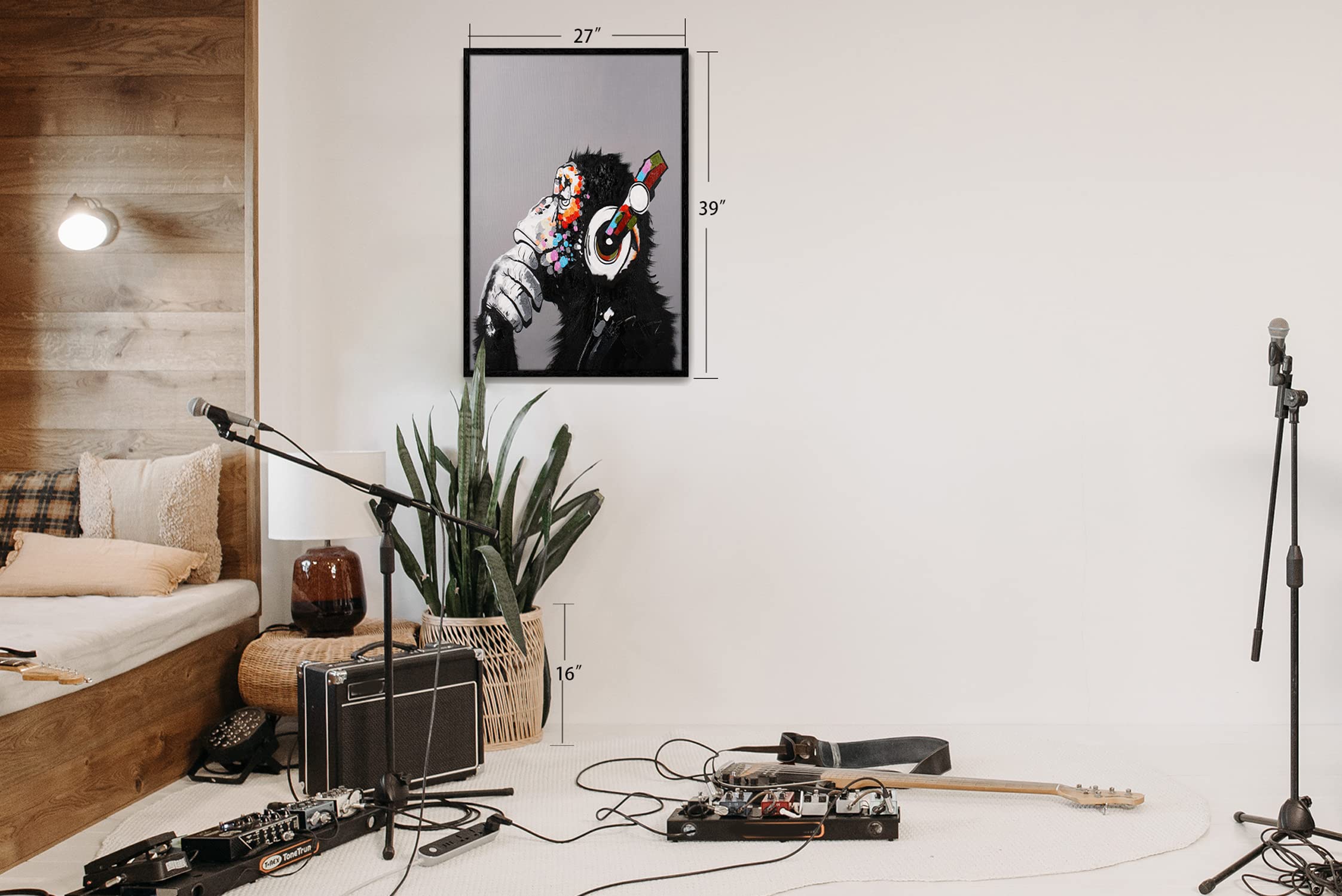 Modern Pop Art Framed Canvas Print - Thinking Monkey With Headphones Wall Decor for Living Room, Bedroom & Office - 7x9 Inches Gallery Wrapped Artwork - Perfect Gift for Music Lovers & Art Enthusiasts