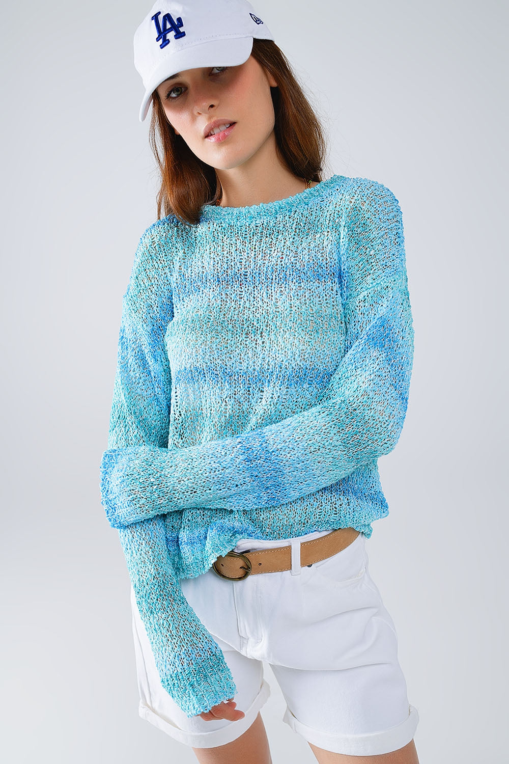 Open Knit Striped Turtleneck Sweater in Shades of Blue - Perfect for Casual Wear, Office Outfits & Fall Fashion
