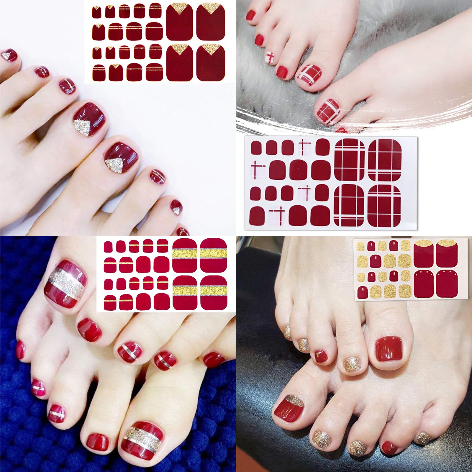 SILPECWEE 20 Sheets Toe Nail Polish Stickers - Leopard Print, Glitter & Plaid Nail Wraps for Women | Easy Application Nail Decals & Strips in Red | Perfect for Pedicures, Parties & Everyday Nail Art