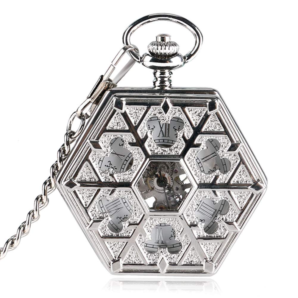 Vintage Hexagon Snowflake Pocket Watch for Men - Mechanical Hand Winding Pendant Watch with Chain - Perfect Gift for Collectors & Steampunk Enthusiasts - Ideal for Weddings, Vintage Events & Special Occasions
