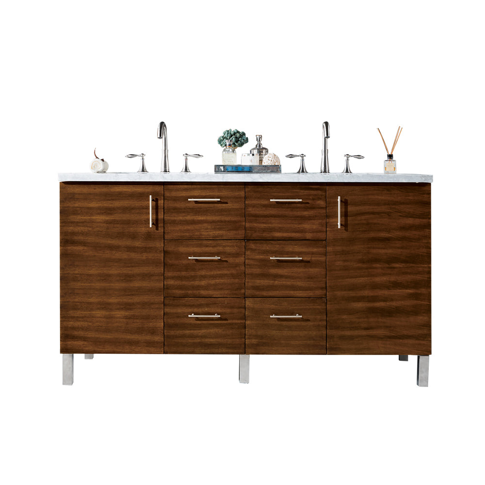 Metropolitan 60-Inch American Walnut Double Bathroom Vanity with 3CM Arctic Fall Solid Surface Countertop - Perfect for Master Bathroom Renovation & Luxury Home Decor