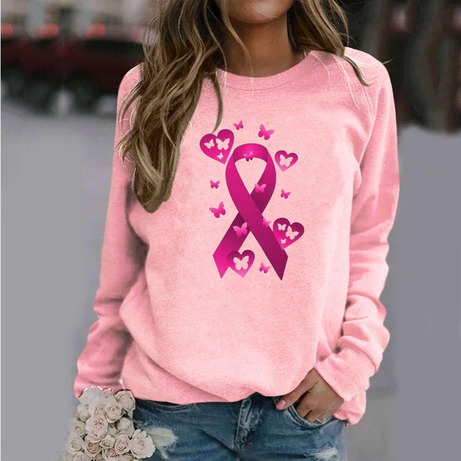 Women's Pink Ribbon Breast Cancer Awareness Sweatshirt 2024 - Soft Fall Crewneck Pullover Top for Support & Comfort | Perfect for Fundraisers, Survivor Events & Everyday Wear