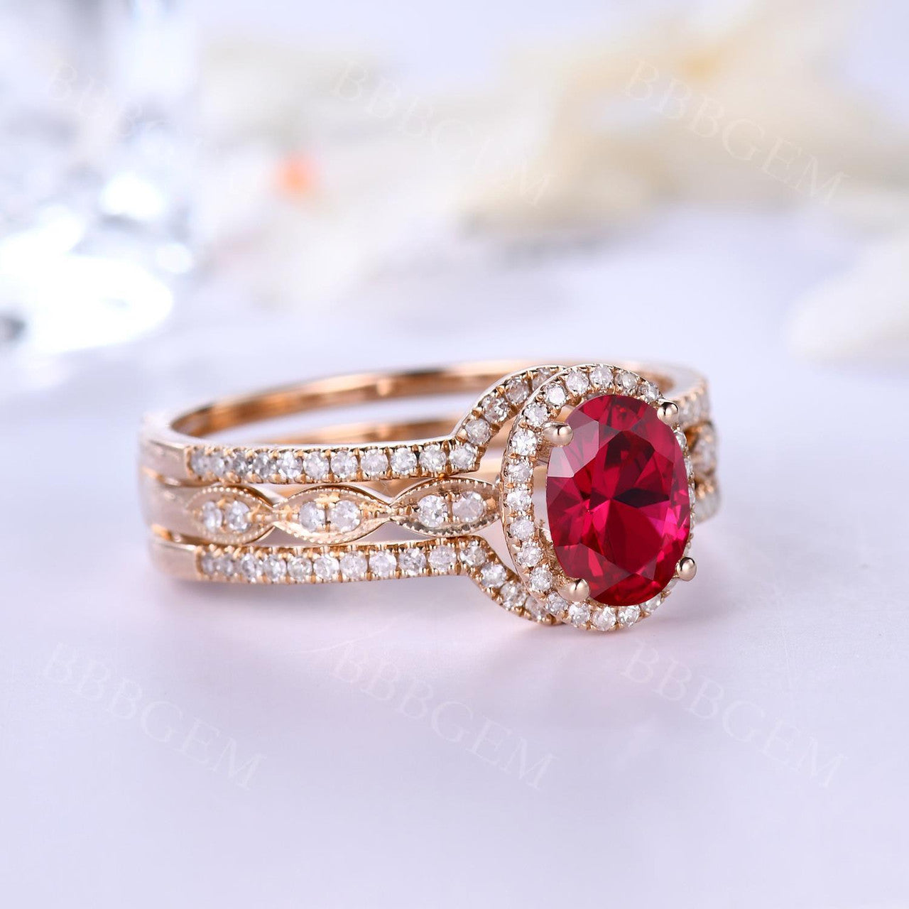 Rose Gold Diamond Halo Lab Ruby Engagement Ring Set With Euro Open Shank Double Band - Elegant Wedding Jewelry for Brides, Anniversary Gifts & Romantic Proposals