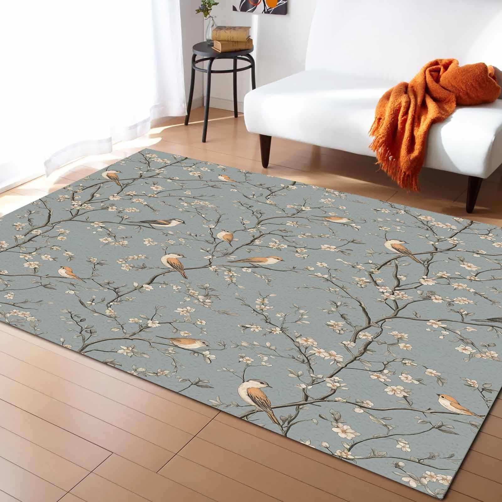 Vintage Botanical Non-Slip Indoor Area Rug - 3'x5' Retro Floral Birds Design for Bedroom, Living Room, Kids Room, Kitchen & Bathroom | Soft, Durable & Washable Home Decor Mat for Cozy Spaces