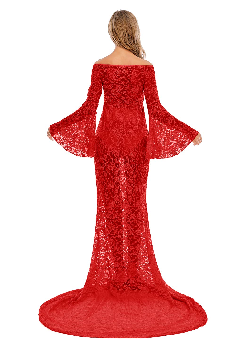ZIUMUDY Flared Sleeve Lace Maternity Maxi Dress - Off Shoulder See-Through Sexy Pregnancy Gown for Photoshoot, Baby Shower & Special Occasions