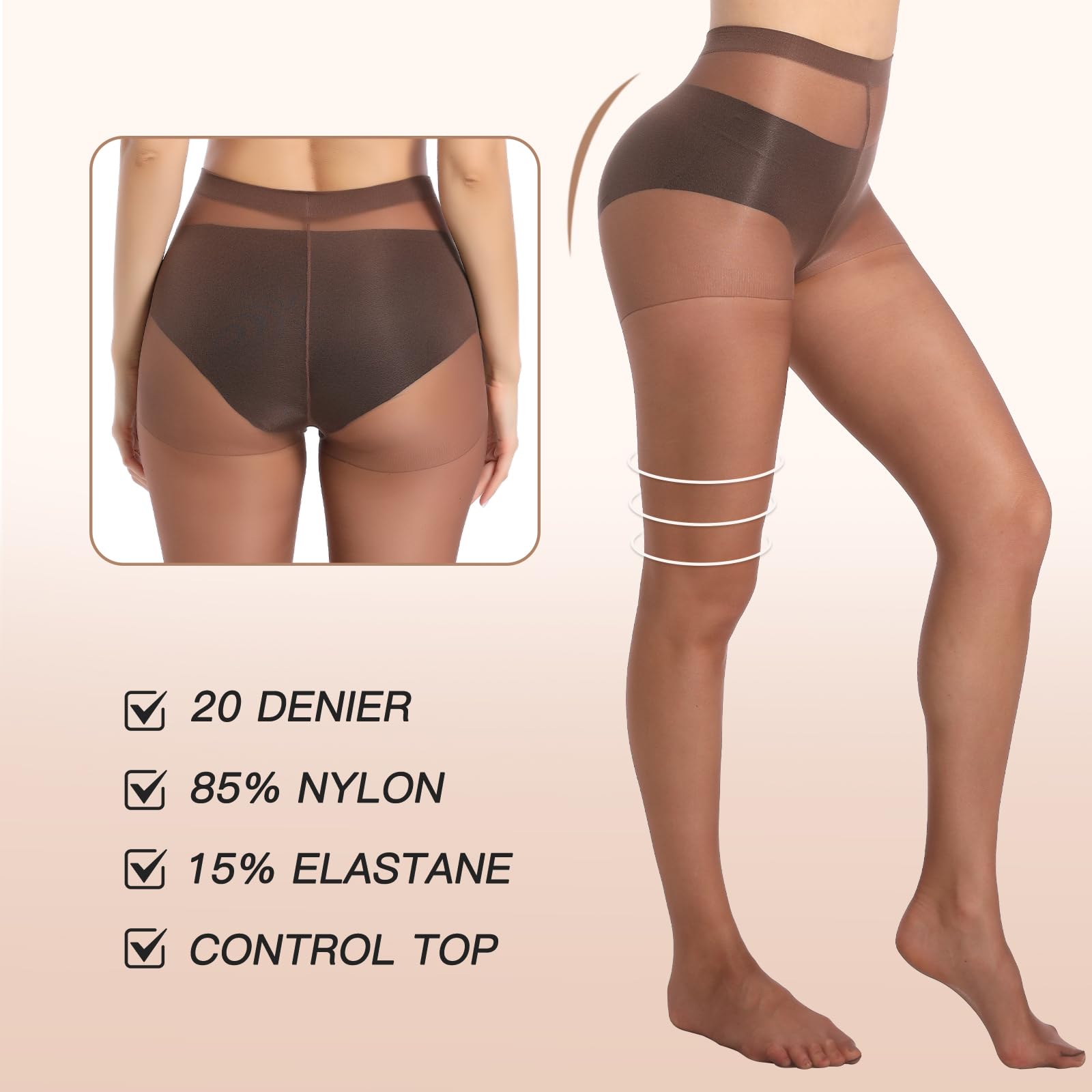 MANZI 6 Pairs 20D Women's Sheer Tights Ultra Thin High Waist Pantyhose - Soft Nylon Stockings for Everyday Wear, Office & Special Occasions