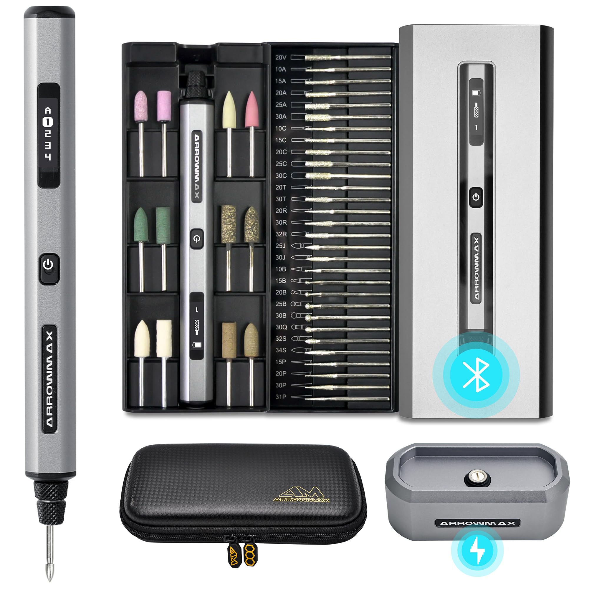 AM ARROWMAX Mini Engraving Pen - Professional Rotary Tool Kit with 42 Bits & Smart Motion Control | OLED Display & APP Connectivity | Includes Aluminum Case, Magnetic Charger & Tool Bag | Perfect for Jewelry Making, Wood Carving, Glass Engraving & DIY Crafts (SGS PRO Plus) | Ideal for Home Projects, Artisan Gifts & Professional Jewelry Design