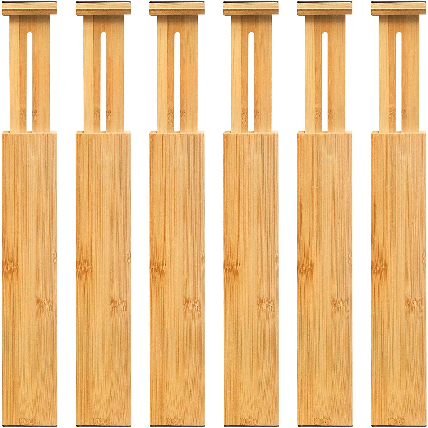 Adjustable Bamboo Drawer Organizers 6-Pack - Expandable Kitchen, Bedroom & Bathroom Drawer Dividers for Dressers, Cabinets & Office Storage - Perfect for Clutter-Free Organization