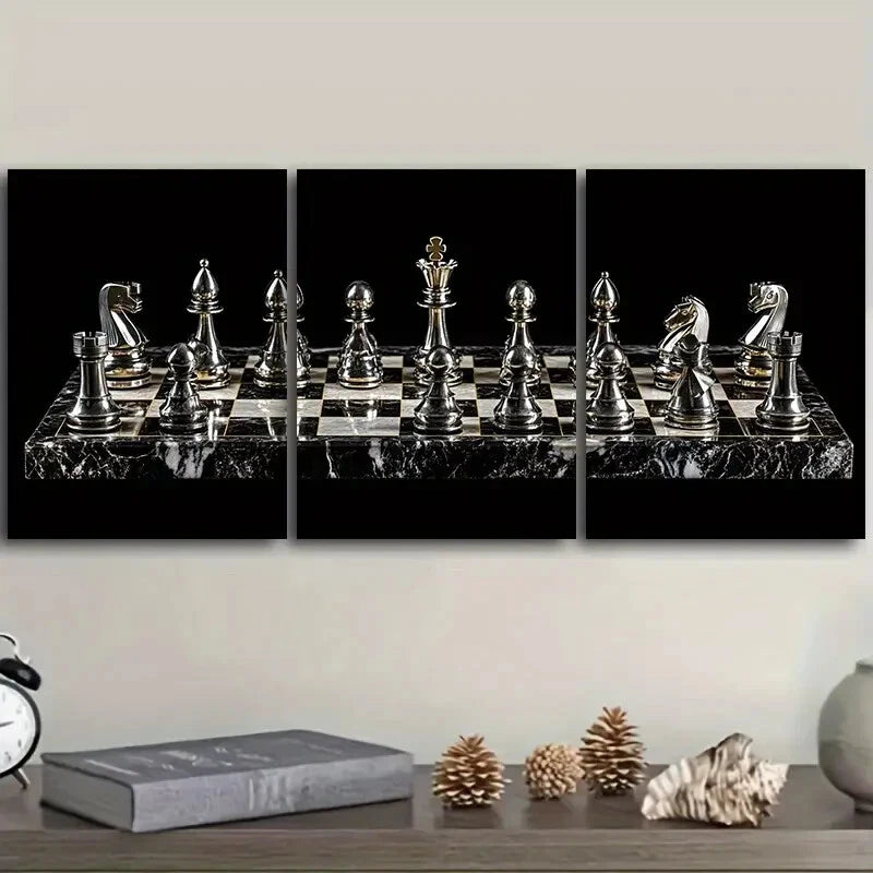 3-Piece Silver Chess Board Set with Metal Chess Pieces - Wall Art Ready to Hang - Perfect for Game Room, Office Decor & Gift Ideas
