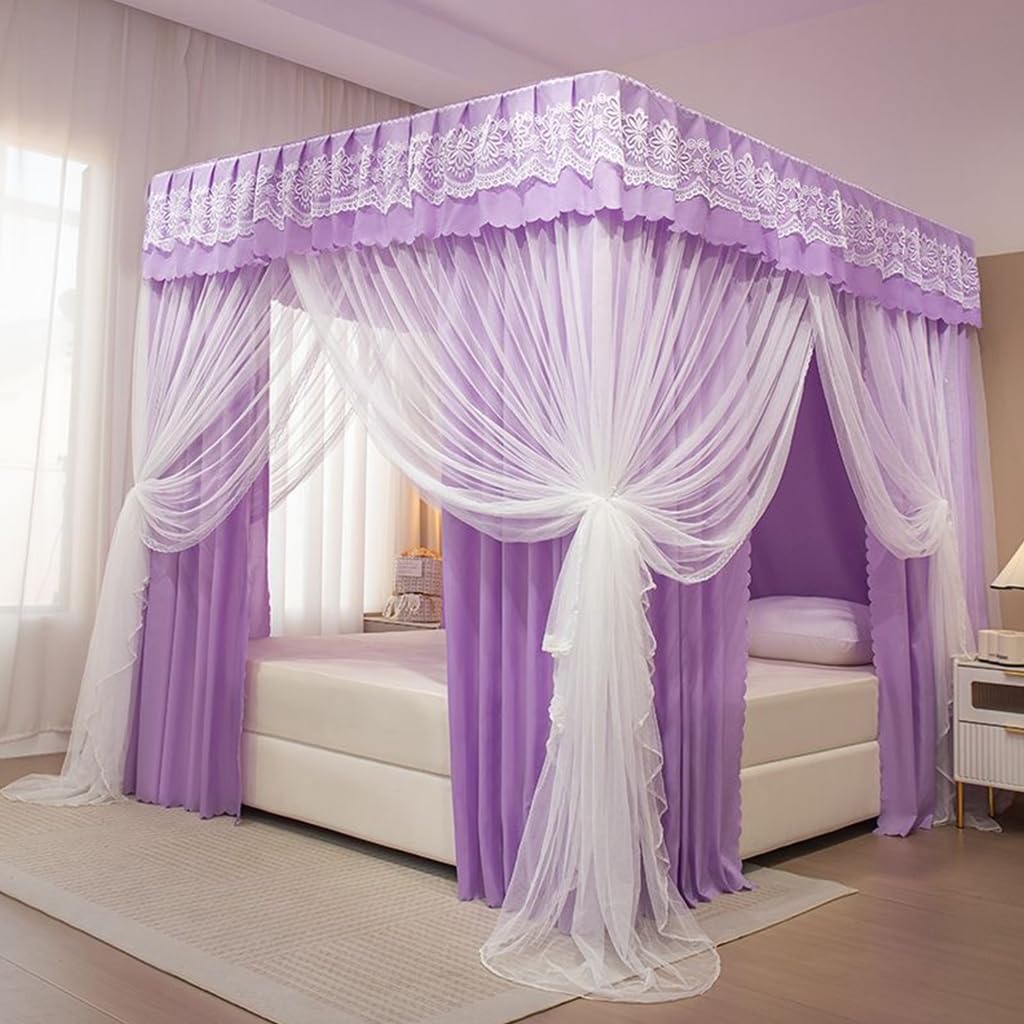Princess 4 Corner Bed Canopy & Mosquito Net for Girls Room, Kids Bedroom, Adult Bed - Twin/Full/Queen/King Size (Flower-Purple, Twin) - Perfect for Nursery Decor, Birthday Gift, and Romantic Bedroom Setup