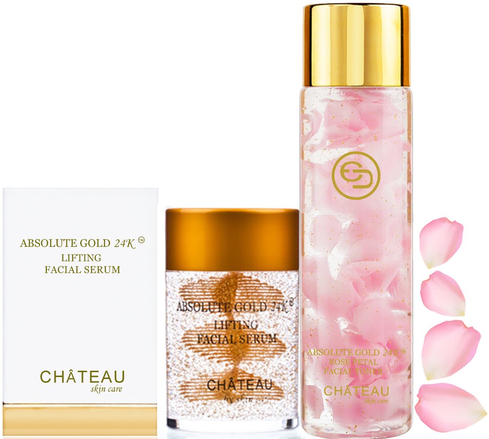 24K Gold Rose Petal Facial Toner & Serum Duo - Anti-Aging Collagen, Hyaluronic Acid & Peptides for All Skin Types - Hydrating & Lifting Treatment for Day & Night Skincare Routine