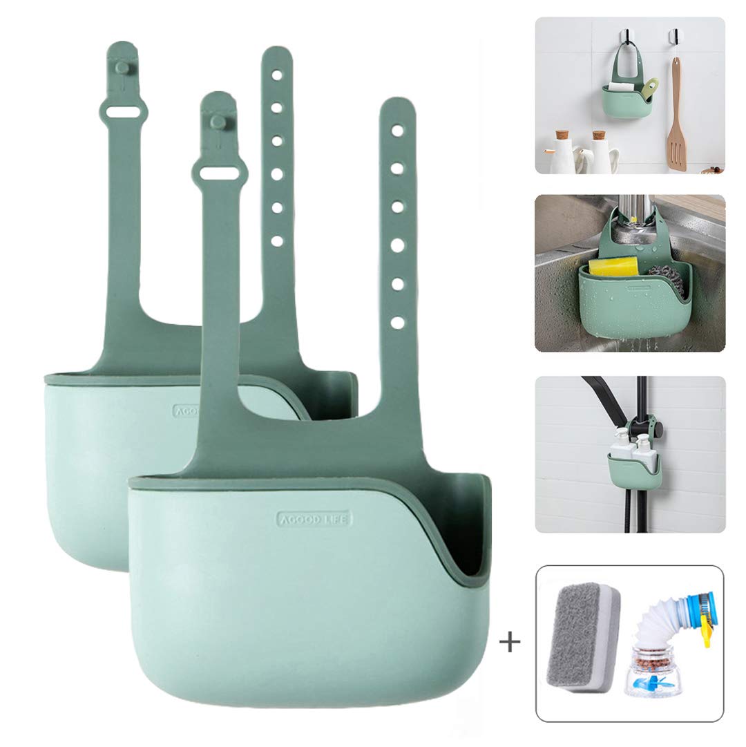 Adjustable Telescopic Kitchen Sink Organizer - 2 Pack Silicone Sponge Holder with Drain Holes & Hanging Strap | Space Saving Sink Caddy for Sponges, Brushes & Cleaning Supplies | Perfect for Small Kitchens, RV Sinks & Bathroom Organization