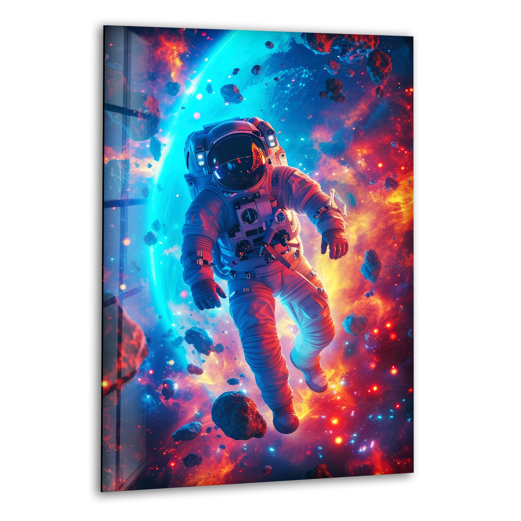 Vibrant Astronaut Space Glass Wall Art - Colorful Galaxy Themed Home Decor for Living Room, Bedroom & Office