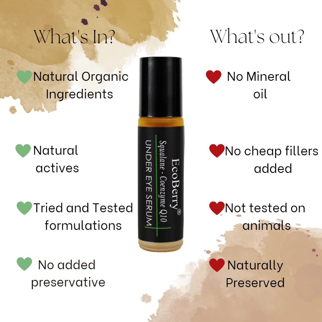 EcoBerry Squalane Coenzyme Q10 Under Eye Serum - Dark Circle Treatment for Wrinkles, Fine Lines & Sun Damage - Anti-Aging Eye Cream Boosts Collagen & Hydration - Vegan Skincare for Day & Night Use