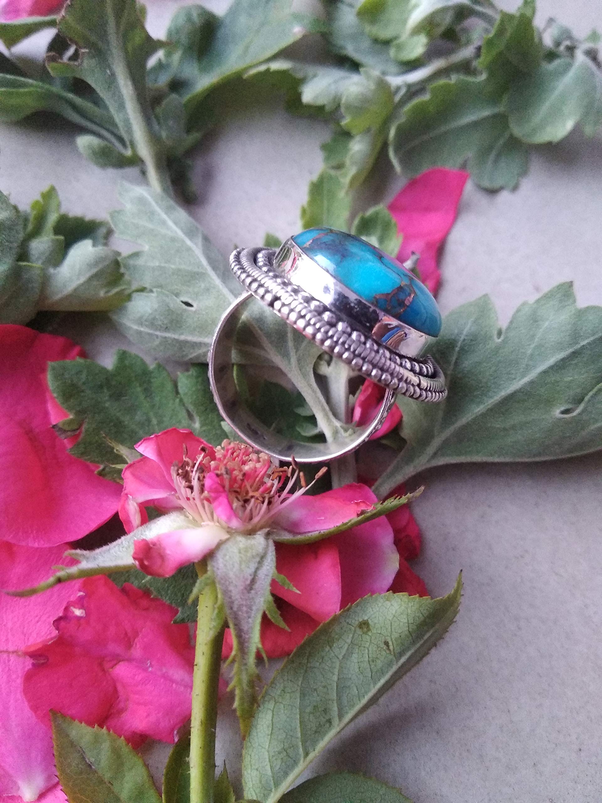 925 Sterling Silver Blue Copper Turquoise Ring for Women - Boho Round Statement Jewelry, Genuine Gift for Her, Promise Ring, Mermaid Gift, Nickle Free Midi Ring | Perfect for Weddings, Parties & Everyday Boho Fashion