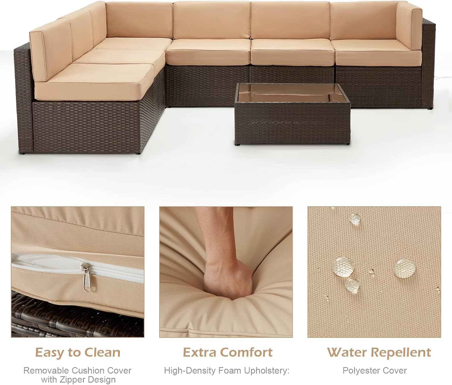 U-MAX 7-Piece Outdoor Patio Furniture Set - PE Rattan Wicker Sofa Sectional with Cushions & Coffee Table - Brown - Perfect for Garden, Backyard, Poolside & Balcony Relaxation
