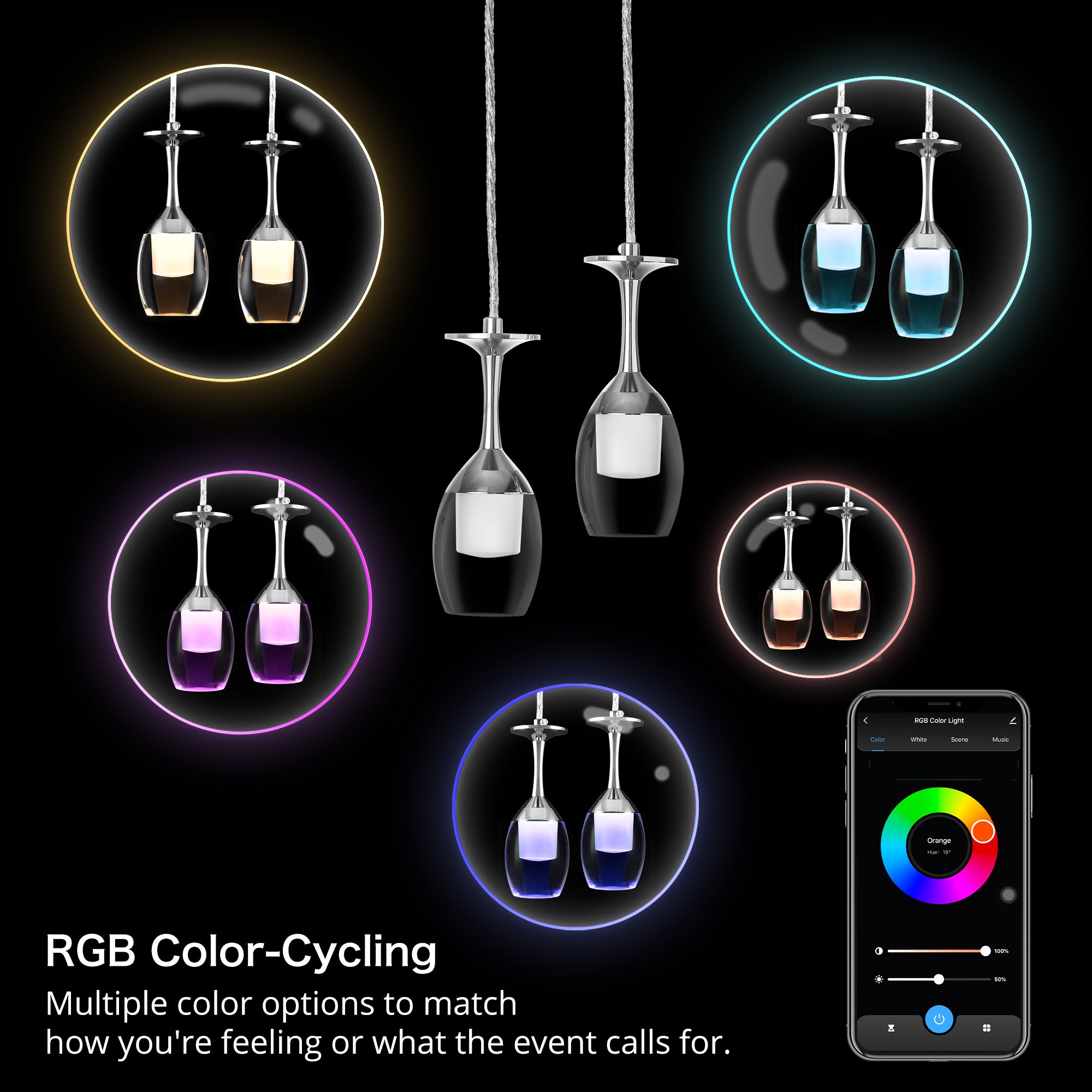Bacchus Clear Acrylic Red Wine Glass Shaped Smart RGB Pendant Light - Modern LED Hanging Lamp for Dining Room, Bar, and Home Decor
