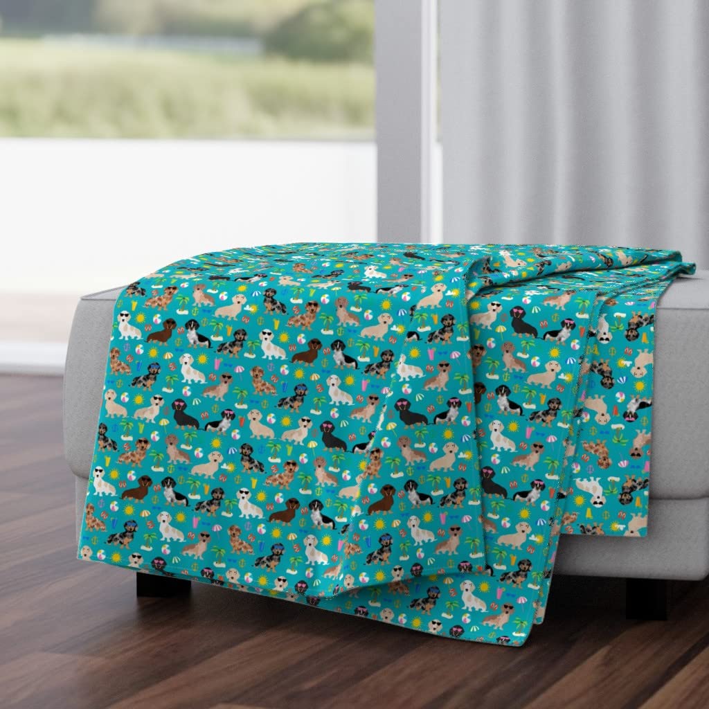 Soft Plush Minky Throw Blanket 50x70 Inches - Summer Beach Blanket with Dachshund Dog Print, Turquoise Tropical Design for Couch, Bed, Sofa, Gift | Cozy Pet Blanket for Dogs & Home Decor