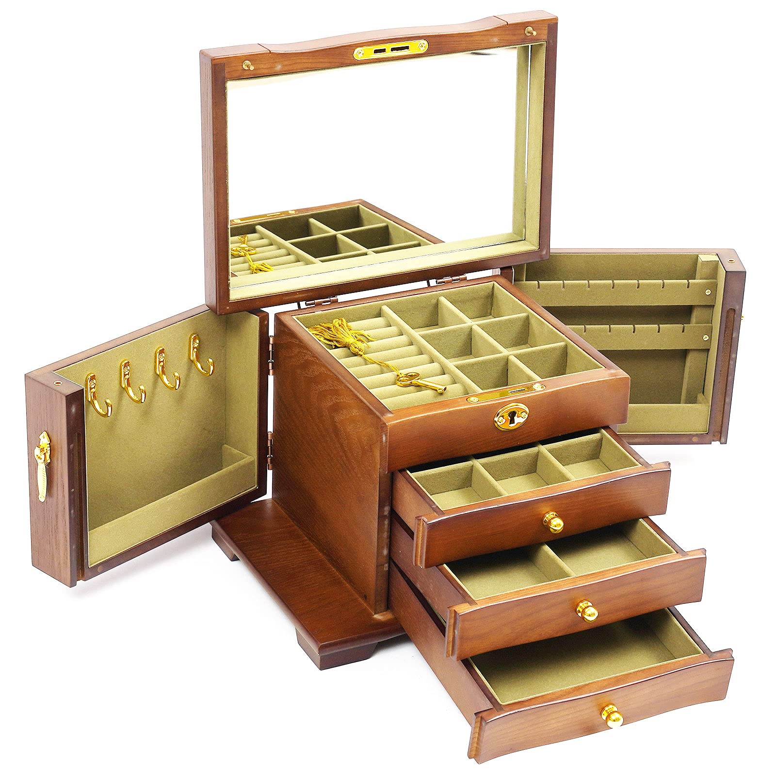 Gdrasuya10 4-Drawer Wooden Jewelry Organizer Box with Mirror & Lock - Jewelry Storage for Rings, Necklaces, Watches - Wooden Jewelry Cabinet for Bedroom, Vanity & Travel (Wood Color)