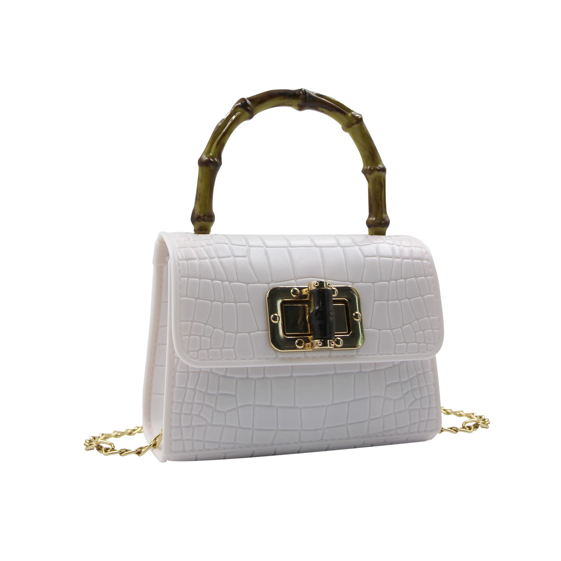 Vintage Women's Handbags - Elegant Jelly Purse with Bamboo Top Handle, Small Crossbody Satchel for Evening Parties, Date Night & Special Occasions (White)