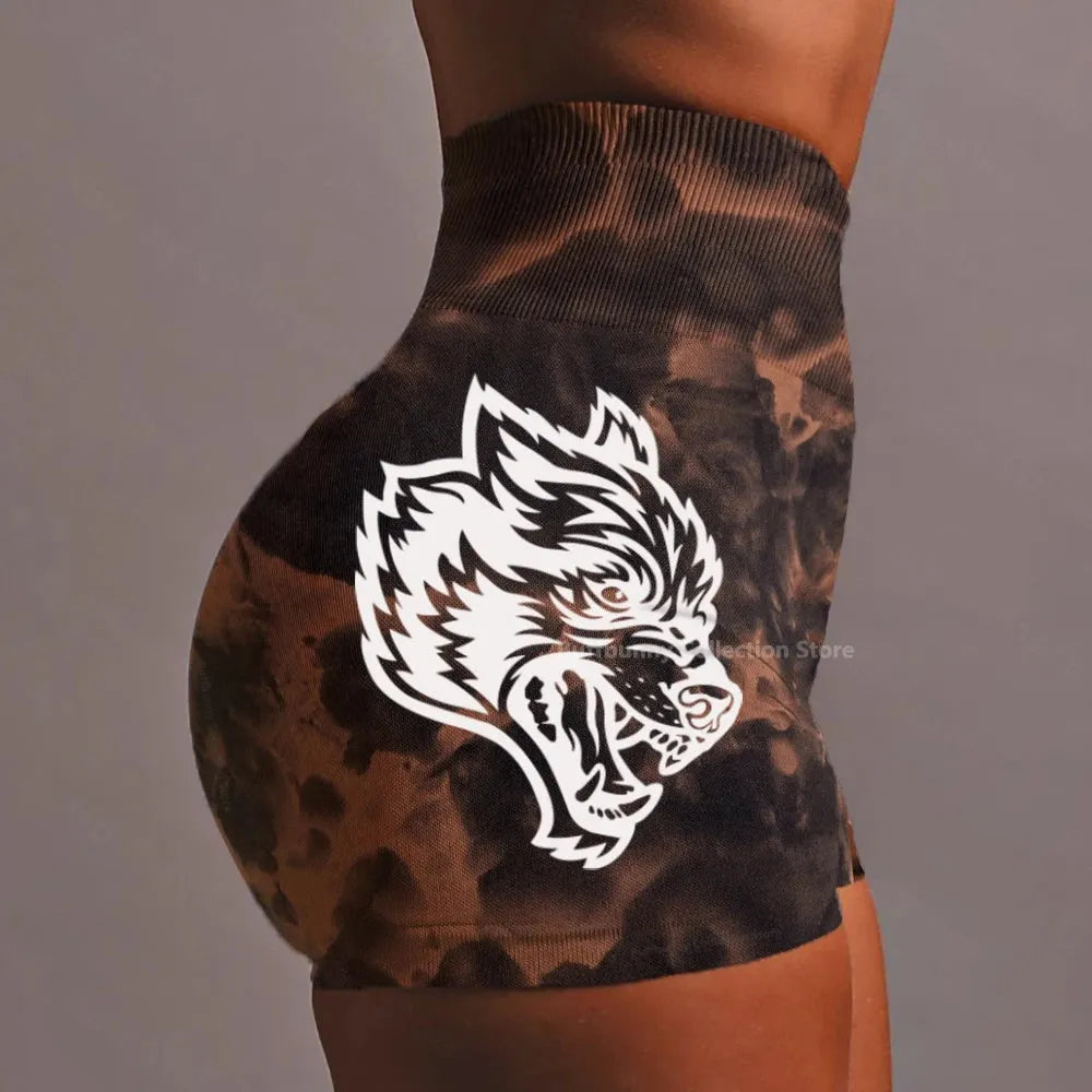 She Darc Wolf Tie Dye Scrunch Shorts for Women - Seamless Yoga Shorts, Breathable Workout Shorts with High Waist for Running, Gym & Summer Activities