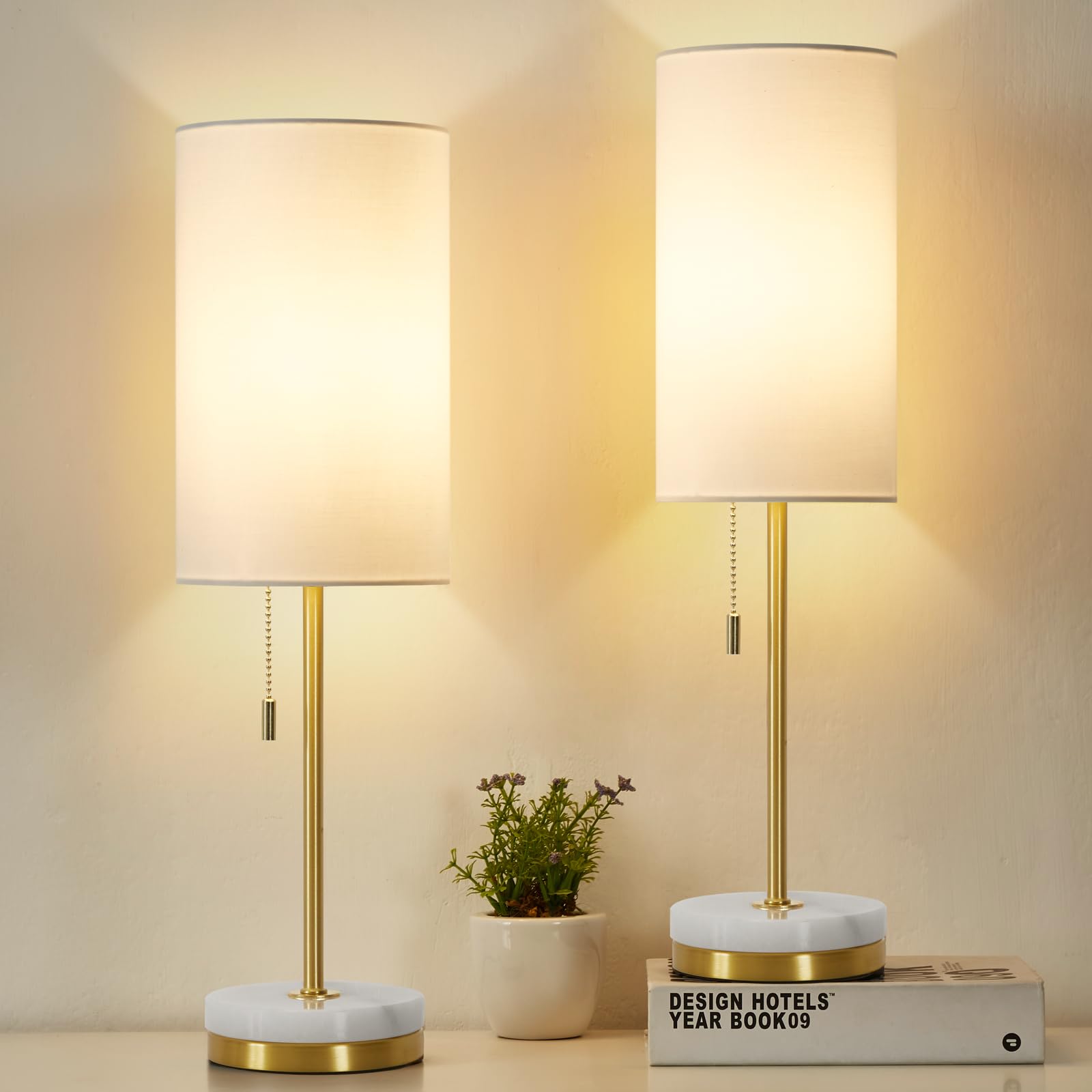 Minimalist Table Lamp Set of 2 - Modern Pull Chain Nightstand Lamps with Marble Base & Fabric Shade for Bedroom, Living Room, Office - Small Desk Lamps for Reading, Home Decor & Cozy Lighting (Gold)