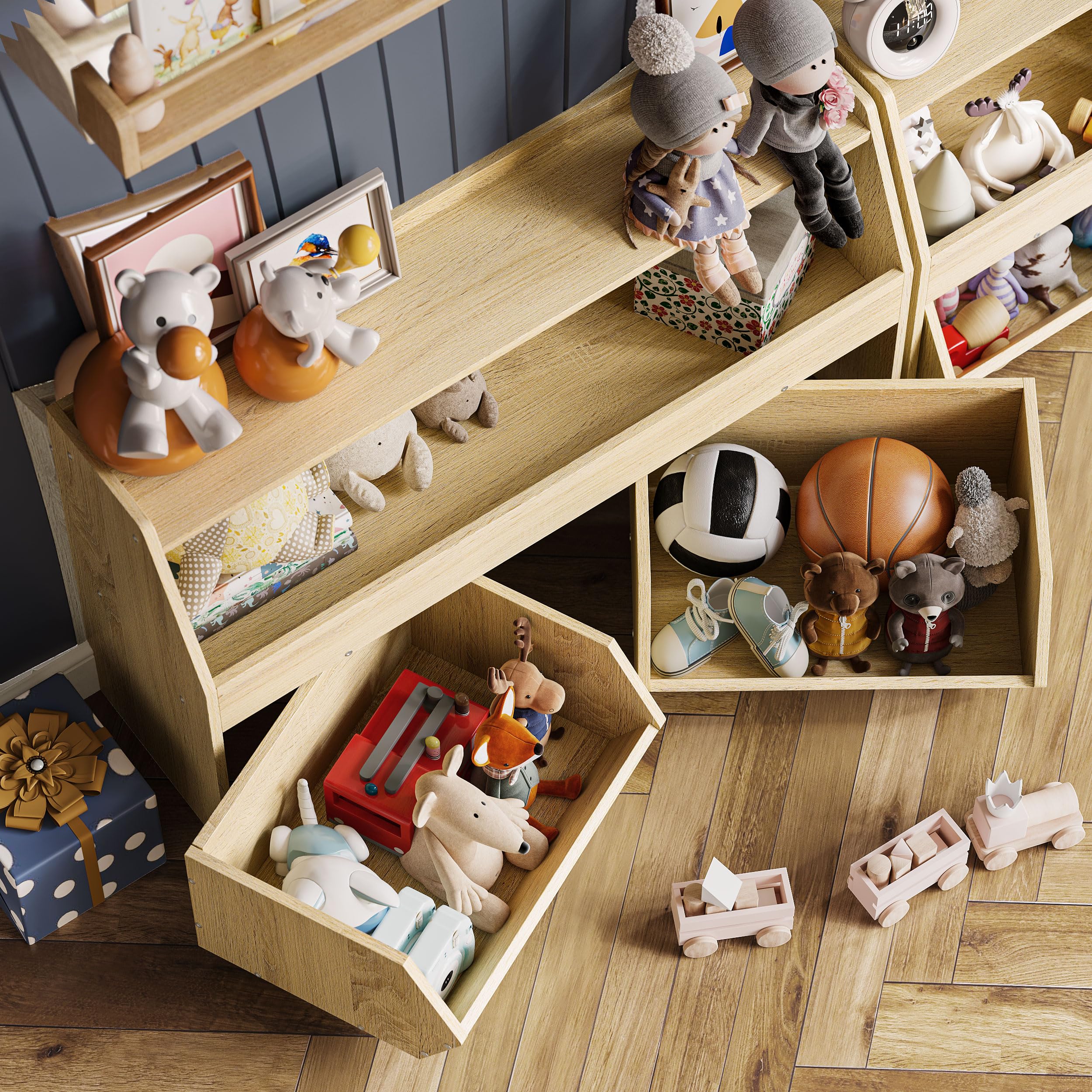 Kids Toy Storage Organizer with Wheels & Drawers - Sturdy Toy Cabinet & Bookshelf for Nursery, Playroom, Bedroom - Perfect for Organizing Toys, Books & Games (Burlywood)