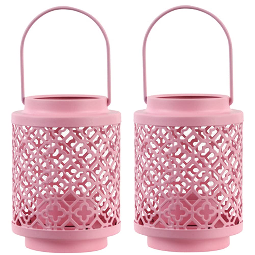 WAYUTO 7.2 Inch Pink Metal Candle Holder Set of 2 - Rustic Iron Hanging Lantern Candlestick Holder for Indoor Outdoor Decor, Desk, Patio, Garden, Pathway & Yard - Perfect for Wedding, Party, Home Decor & Romantic Ambiance