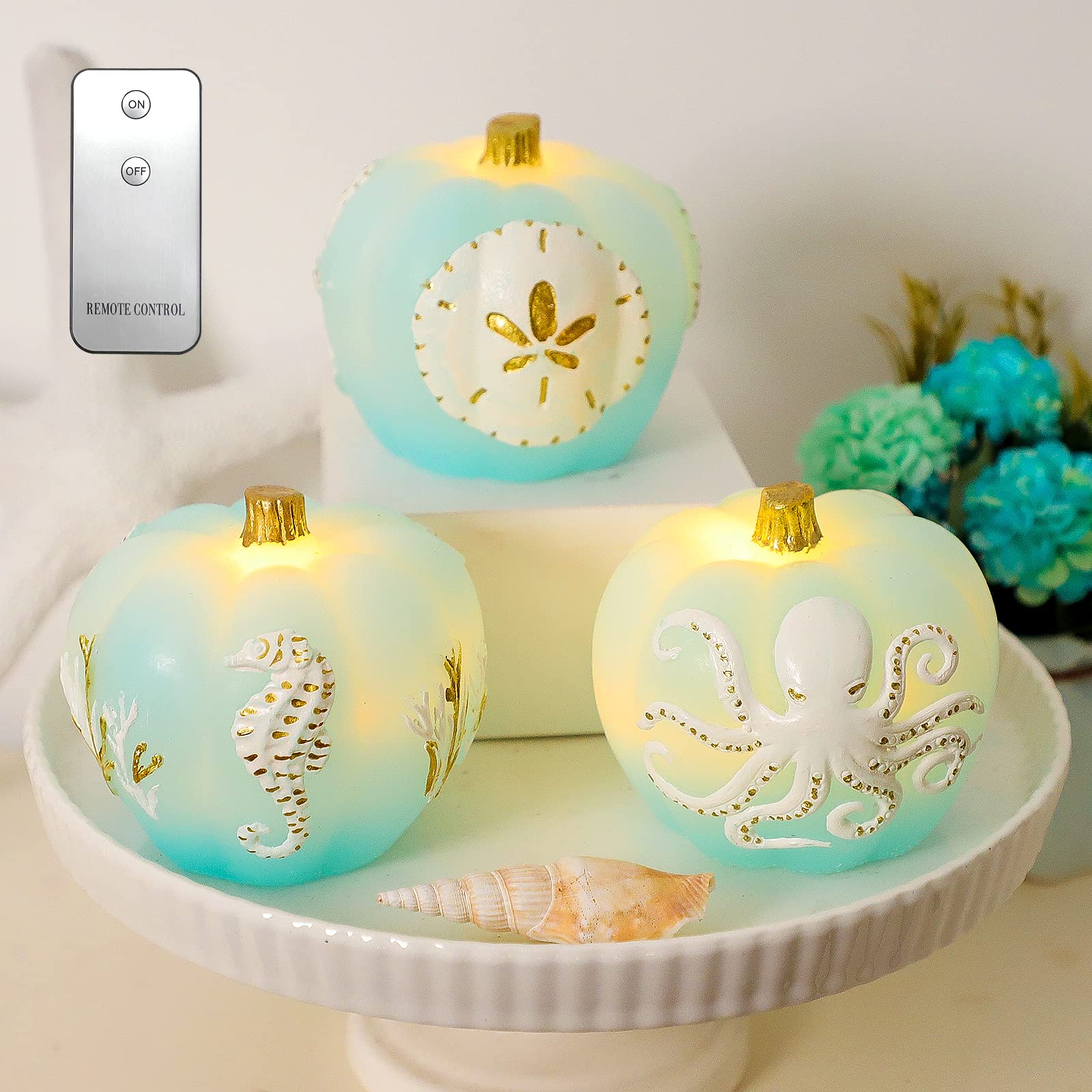 REVELBUNNY Pumpkin LED Candles - Ocean Themed Flameless Candles with Remote Control, Battery Operated Realistic Flickering Fake Candles for Thanksgiving, Christmas, Halloween Decor - Set of 3 Blue Candles for Home, Party, Wedding, and Table Centerpiece Decorations