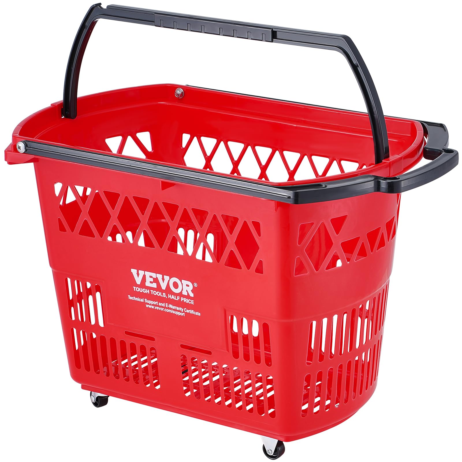 VEVOR 6-Piece 39L Rolling Shopping Baskets with Handles & Wheels - Large Plastic Portable Shopping Cart Set for Supermarkets, Retail Stores, Grocery Shopping - Perfect for Quick Checkouts and Bulk Purchases (Red)