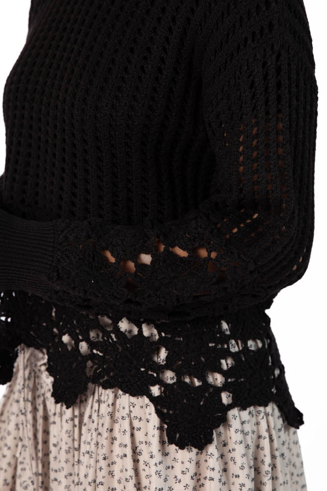 Stylish Black Floral Crochet Sweater for Women - Boho Chic Lace Trim Knit Top for Casual Outings & Date Nights