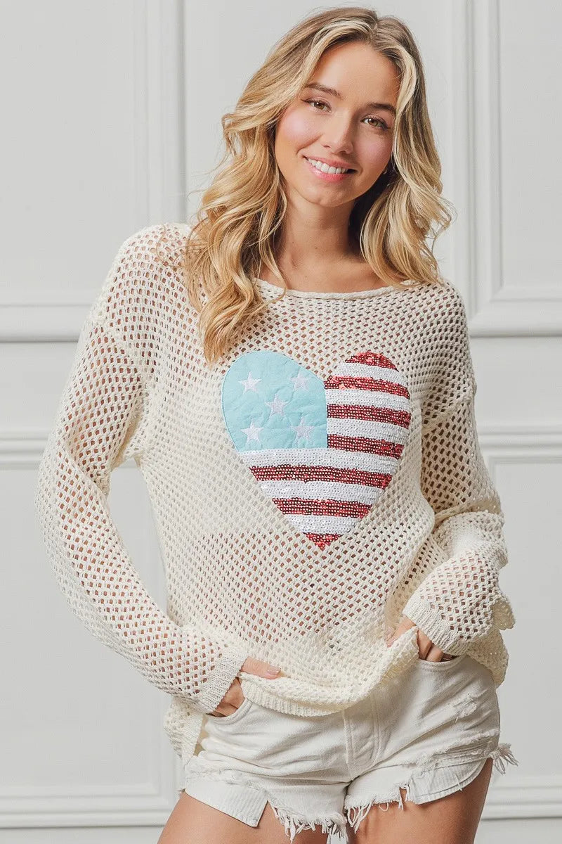 BiBi Sequin American Flag Heart Knit Up - Patriotic Fashion Sweater for Women, Perfect for 4th of July, Memorial Day & Independence Day Celebrations
