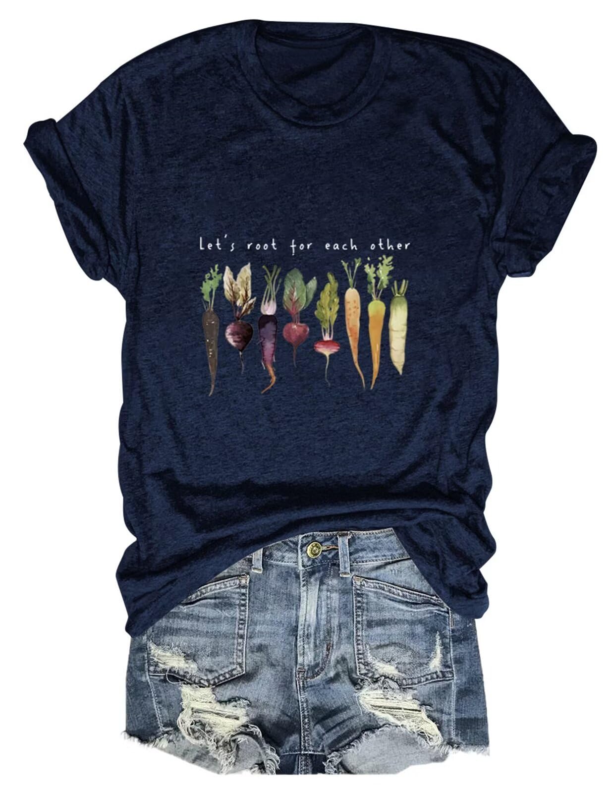 Let's Root for Each Other T-Shirt - Carrots Onions Vegetables Graphic Tee - Spread Positivity & Unity - Casual Wear for Gardening, Farmers Market & Vegan Lifestyle