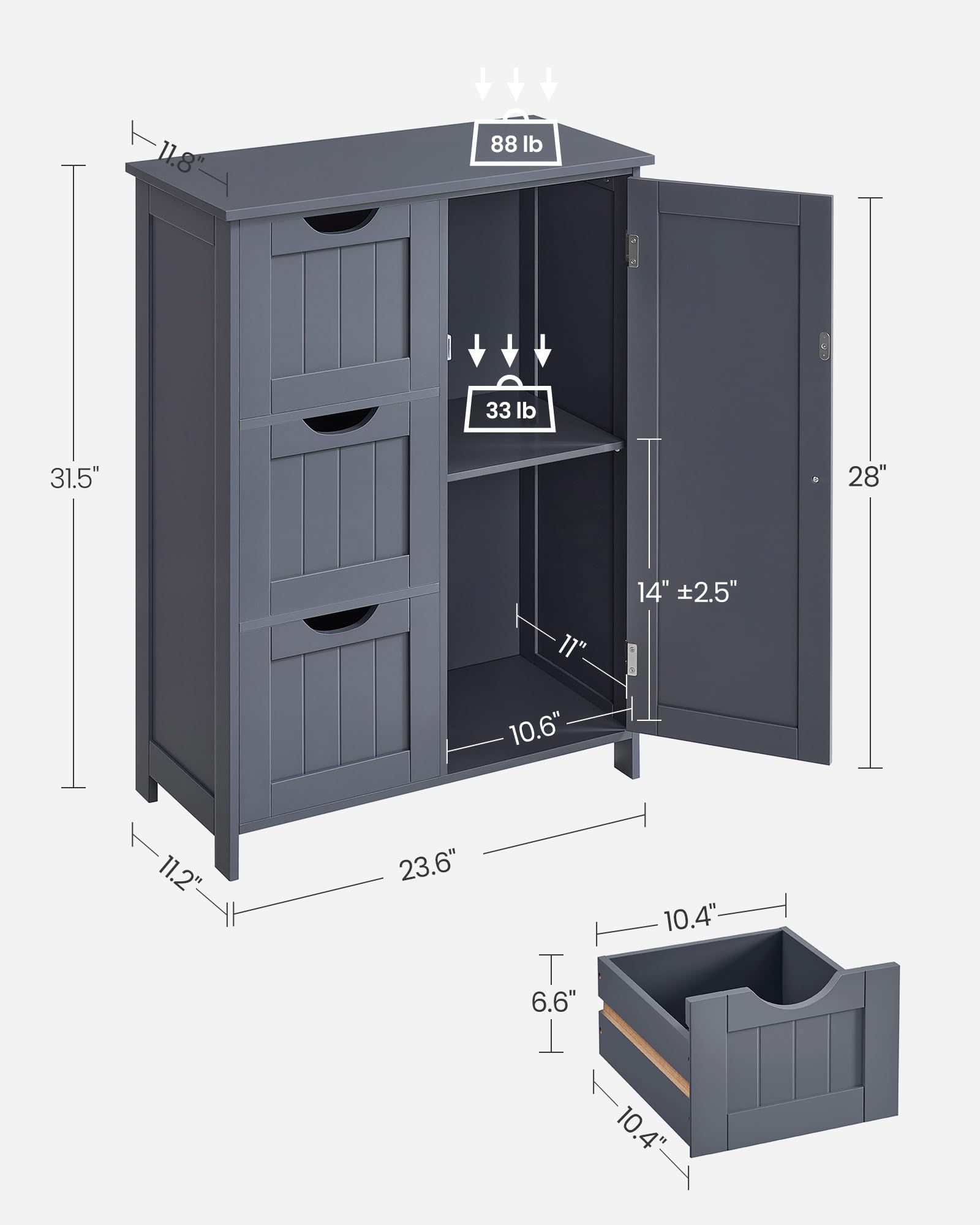 VASAGLE 3-Drawer Bathroom Storage Cabinet - Freestanding, Slate Gray - Perfect for Small Spaces