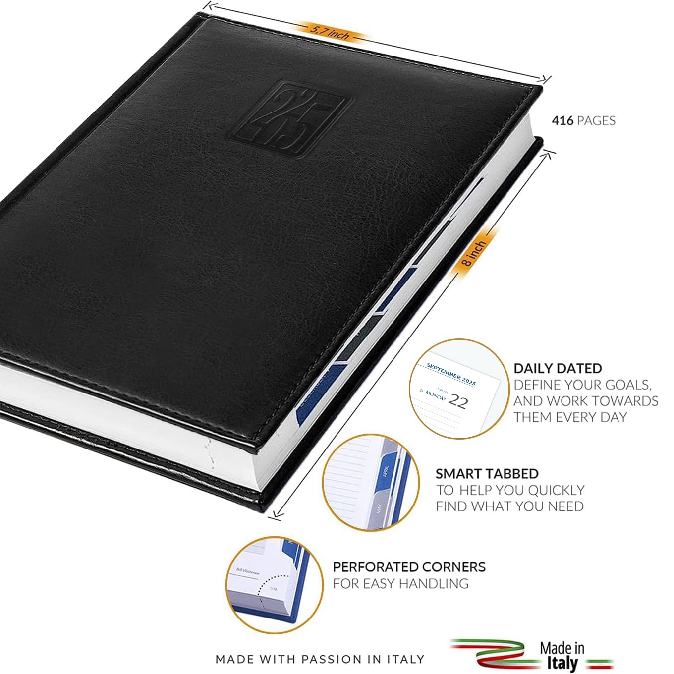 2025 Daily Planner - A5 Business & Personal Organizer with Hourly Schedule, Monthly Tabs & Calendars | 365-Day Page-A-Day 5x7 Agenda for Women & Men | Perfect for Work, School & Goal Tracking (Black)