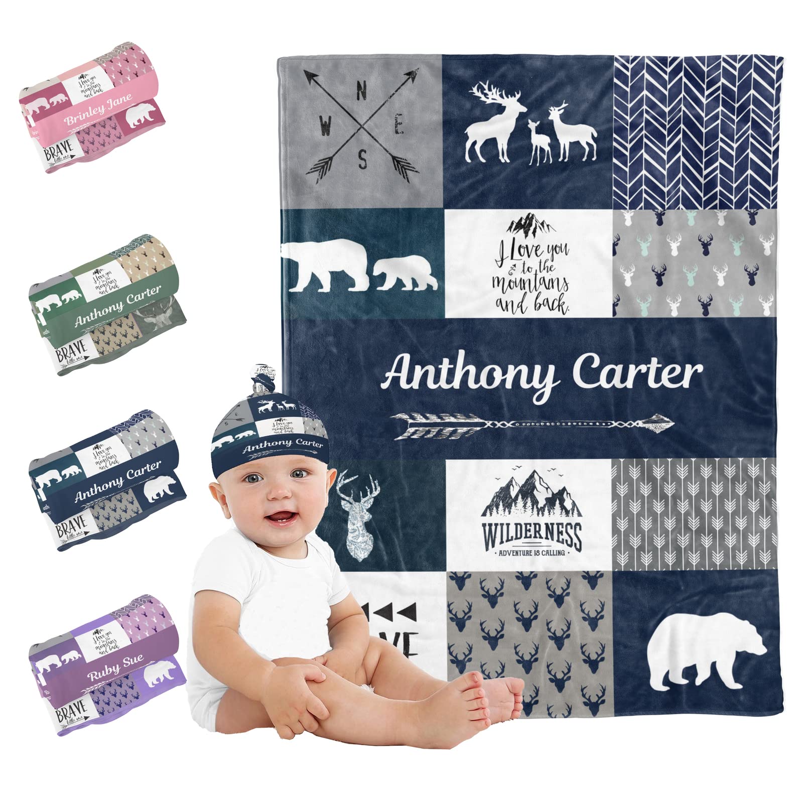 Personalized Baby Blankets with Name - Custom Woodland & Hat Design for Boys, Girls & Kids - Perfect for Nursery, Gifts & Photo Props