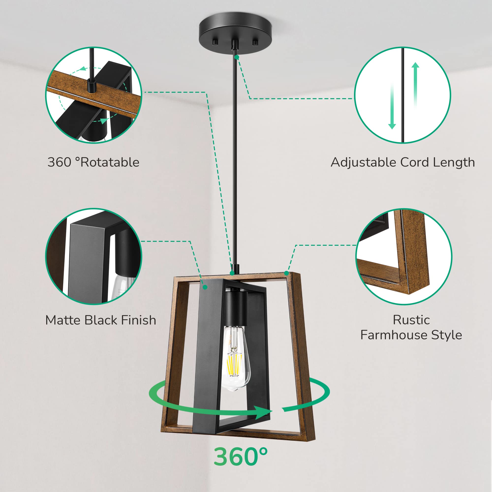 EDISHINE Black Wood Grain Adjustable Farmhouse Pendant Lights - Kitchen Island Lighting Fixture for Dining Room & Hallway | Rustic Home Decor, Dimmable Hanging Lights for Modern & Traditional Interiors